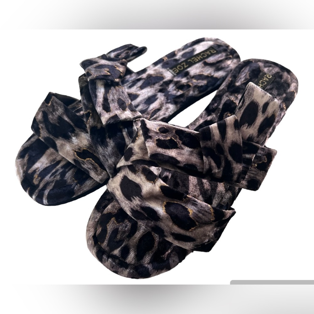 RACHEL ZOE Leopard Velour slides rubber sole side bow grey & black SZ 8 - Picture 6 of 6